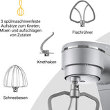 KLAMER Küchenmaschine 1800W, Knetmaschine mit 6 Liter Edelstahl Schüssel, 10 Geschwindigkeitsstufen mit Timer, Rührbesen, Knethaken, Schneebesen und Spritzschutz