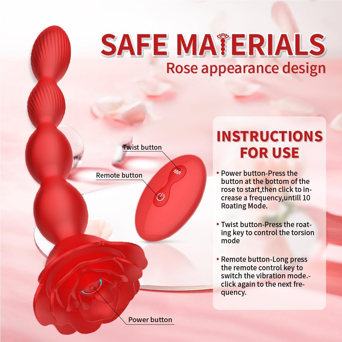 Vibrating Anal Beads Rotating Anal Vibrator Remote Prostate Massager with Rose Base Sex Toy