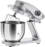 KLAMER Küchenmaschine 1800W, Knetmaschine mit 6 Liter Edelstahl Schüssel, 10 Geschwindigkeitsstufen mit Timer, Rührbesen, Knethaken, Schneebesen und Spritzschutz