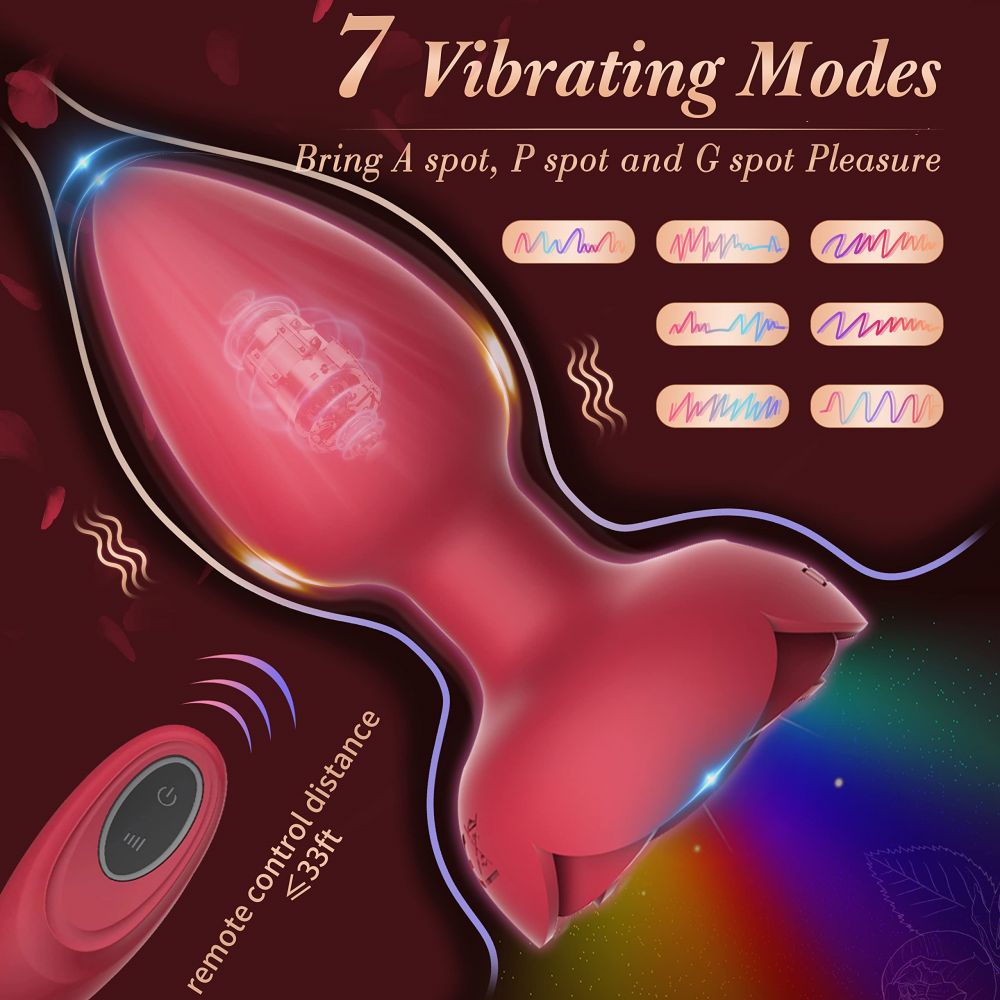 Rose Anal Vibrator Light Up with 7 Vibrations Remote Control Vibrating Butt Plug Adult Sex Toys