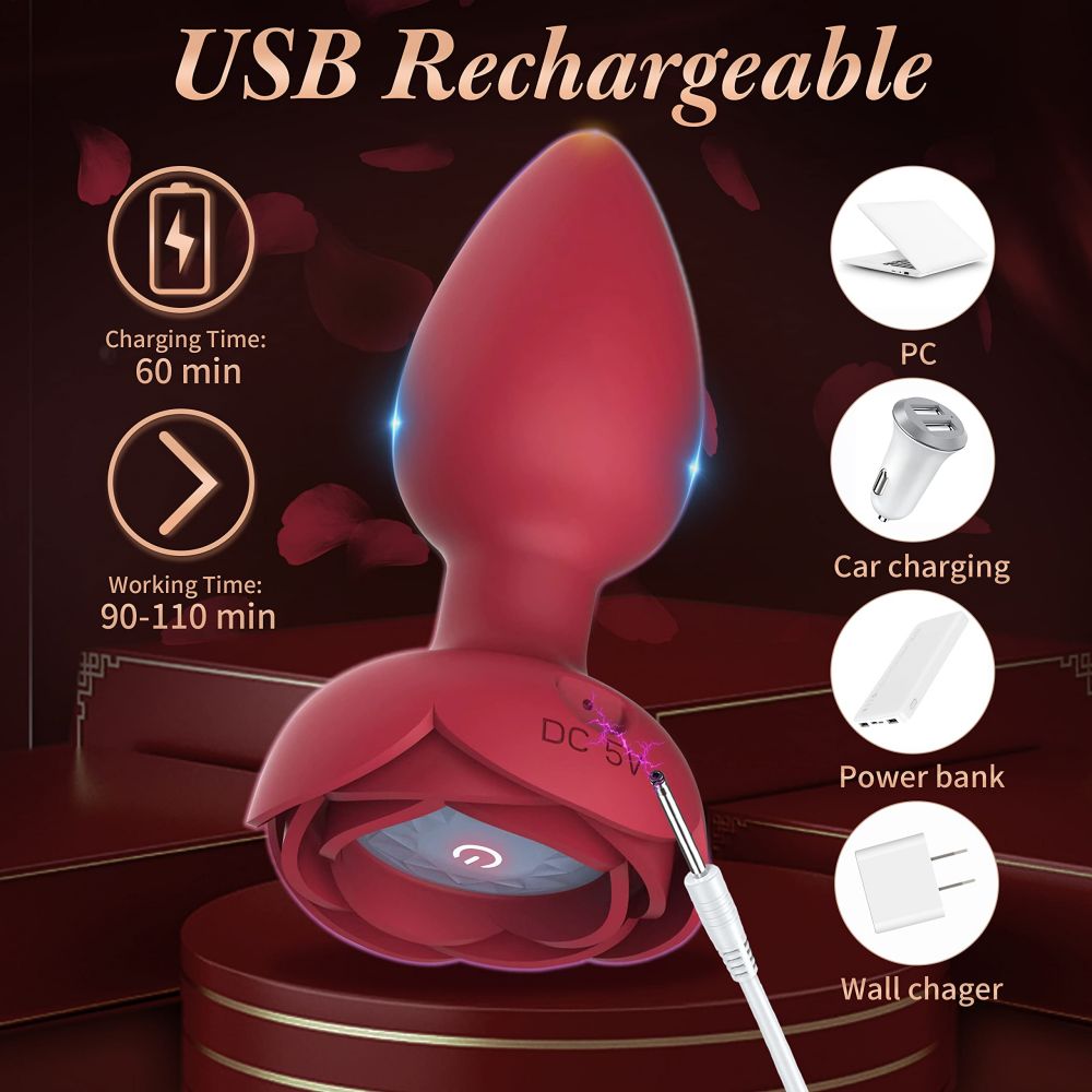 Rose Anal Vibrator Light Up with 7 Vibrations Remote Control Vibrating Butt Plug Adult Sex Toys